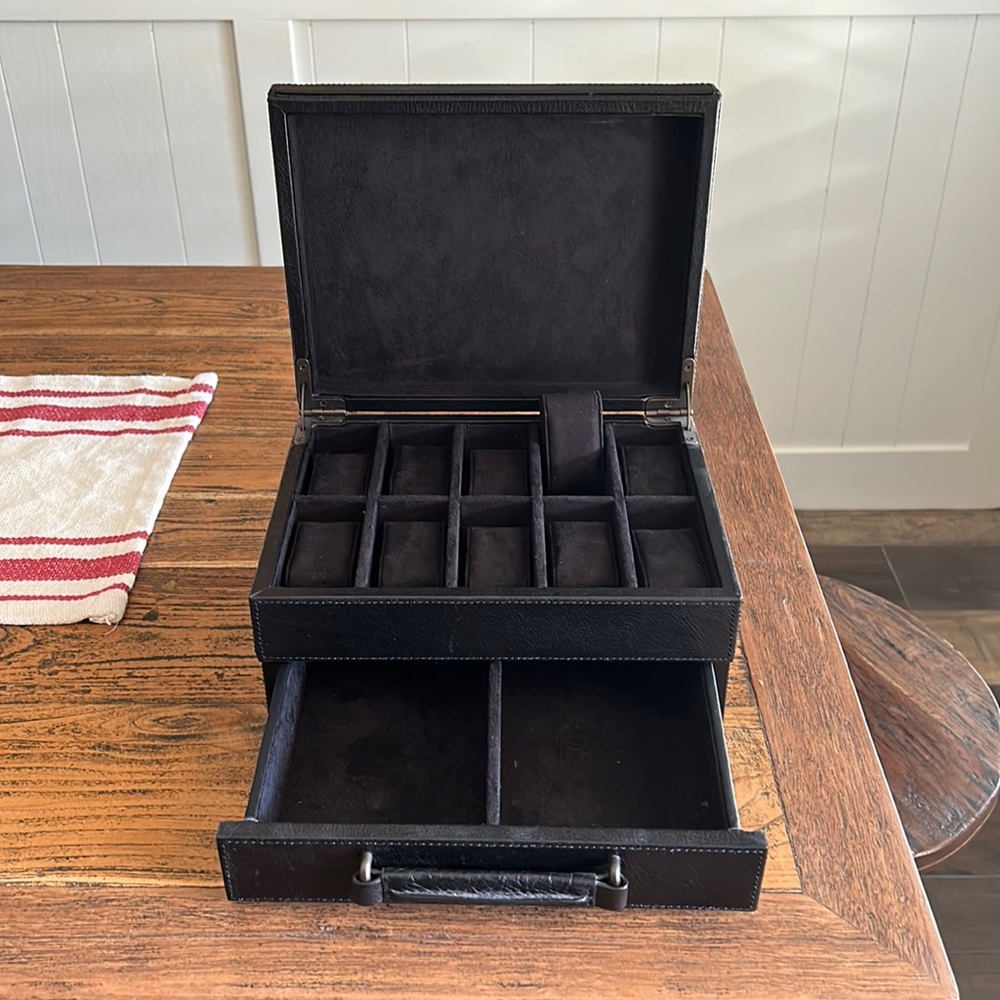 Watch and jewelry case, black leather